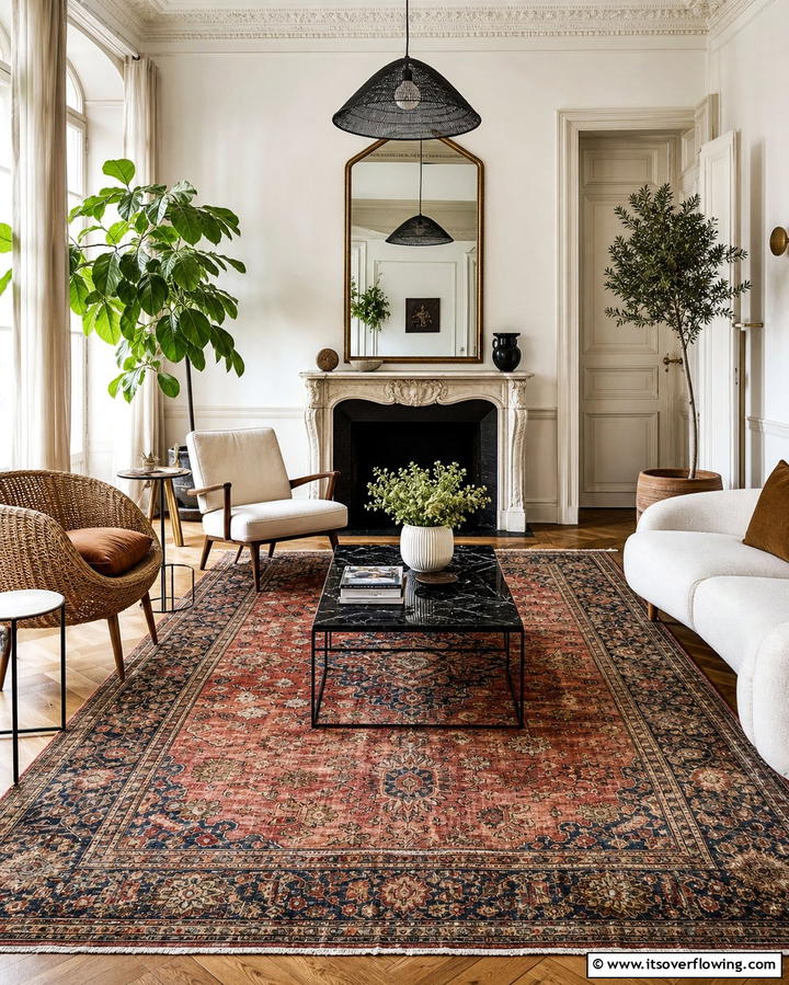 Vintage Area Rugs - 25 Parisian-style Living Room Ideas for Elegant Homes