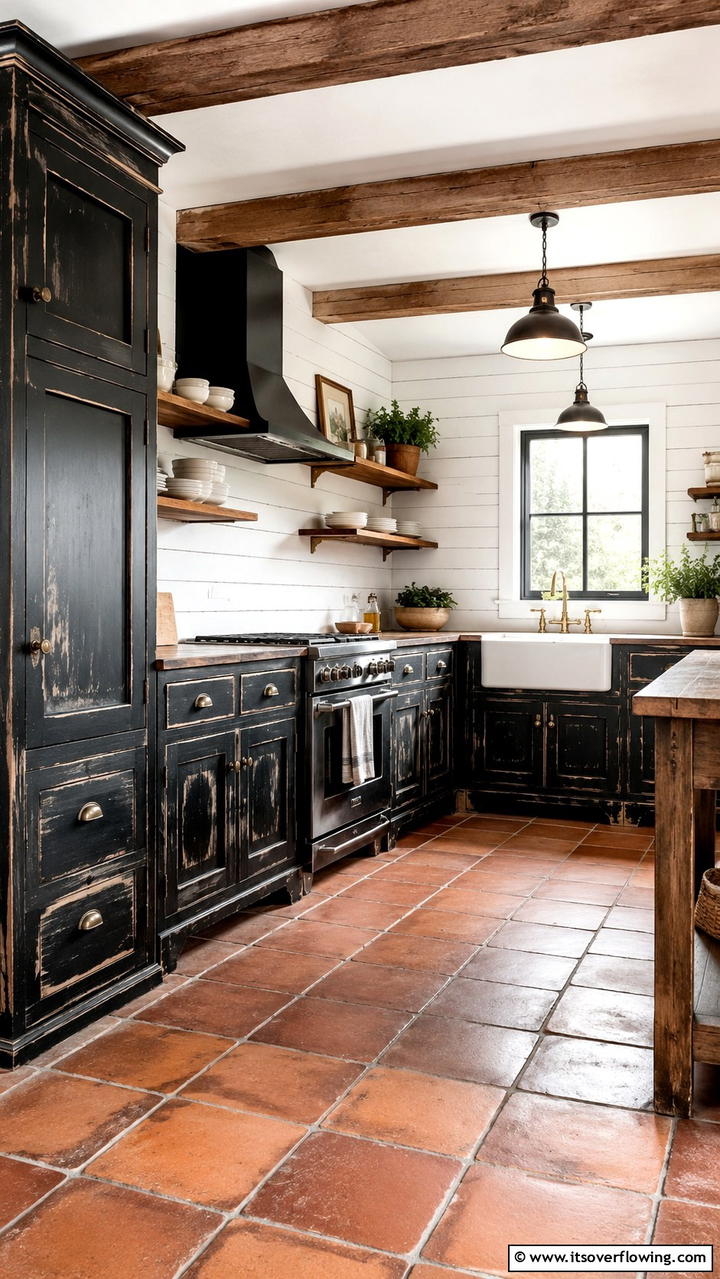 Vintage Black Distressed Cabinets - 30 Black Kitchen Cabinet Ideas for Bold Modern Spaces