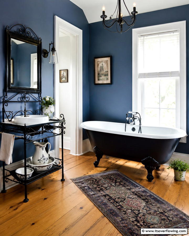 Vintage Black Fixtures Complemented by Blue Walls - 30 Striking Black and Blue Bathroom Ideas for Dramatic Flair