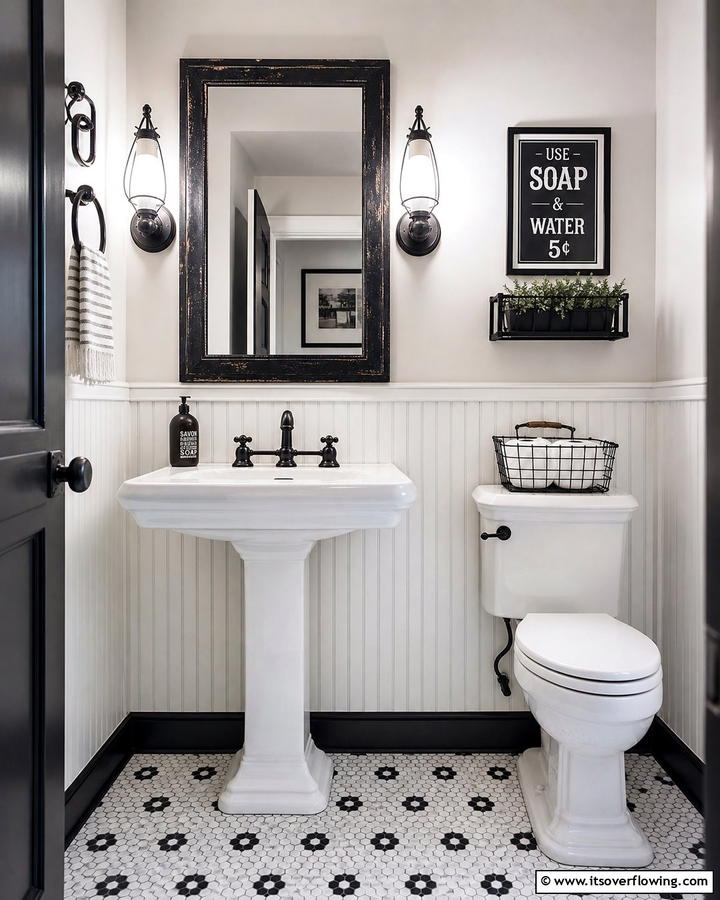 Vintage Black Fixtures with White Sink - 20 Black and White Powder Room Ideas for a Classic Style
