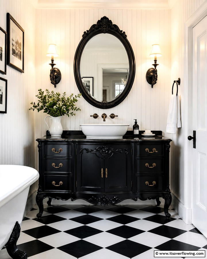 Vintage Black Vanity for Timeless Charm - 25 Black Vanity Bathroom Ideas for a Sleek and Stylish Look