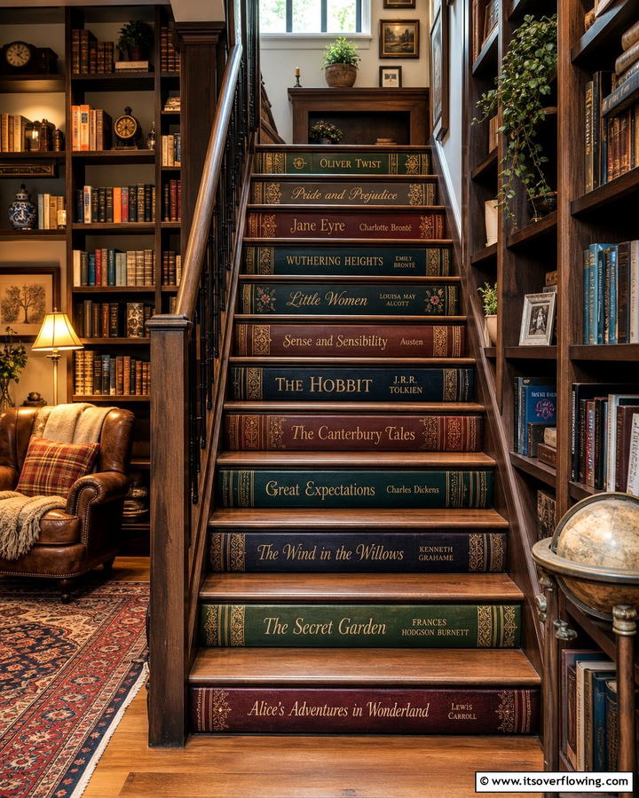 Vintage Book Spines - 25 Stair Riser Ideas to Enhance Your Home’s Interior
