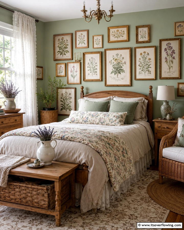 Vintage Botanical Prints - 25 Cottagecore Bedroom Ideas- Cozy & Rustic Designs