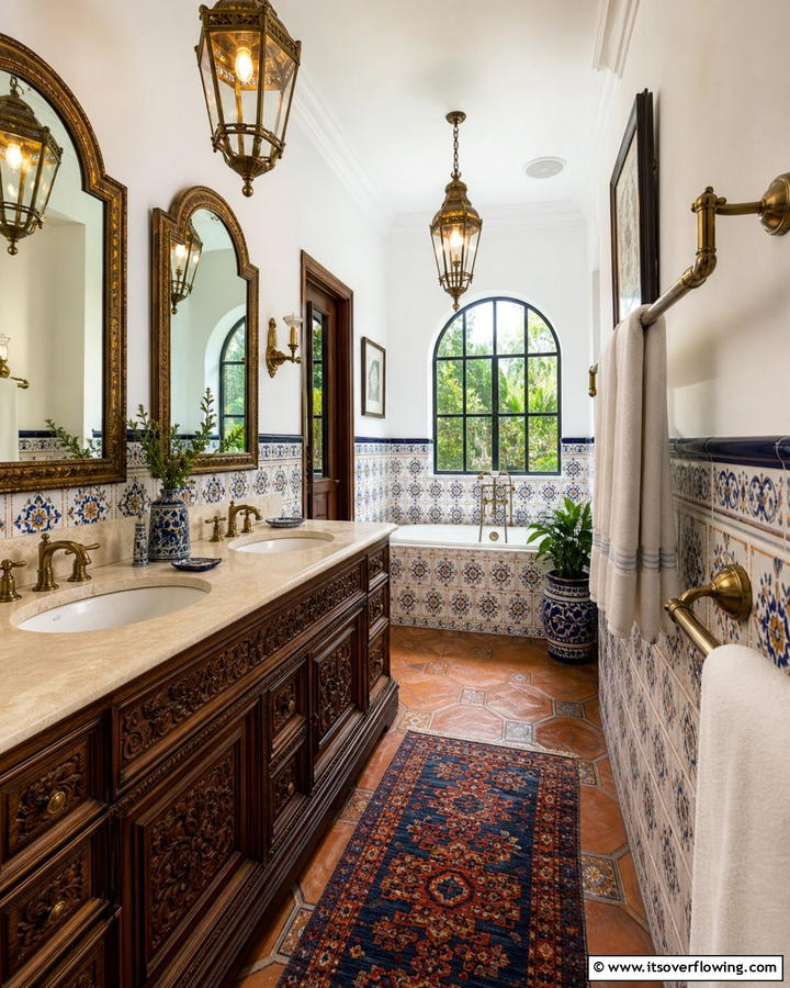 Vintage Brass Hardware - 30 Spanish Style Bathroom Ideas for Mediterranean Flair