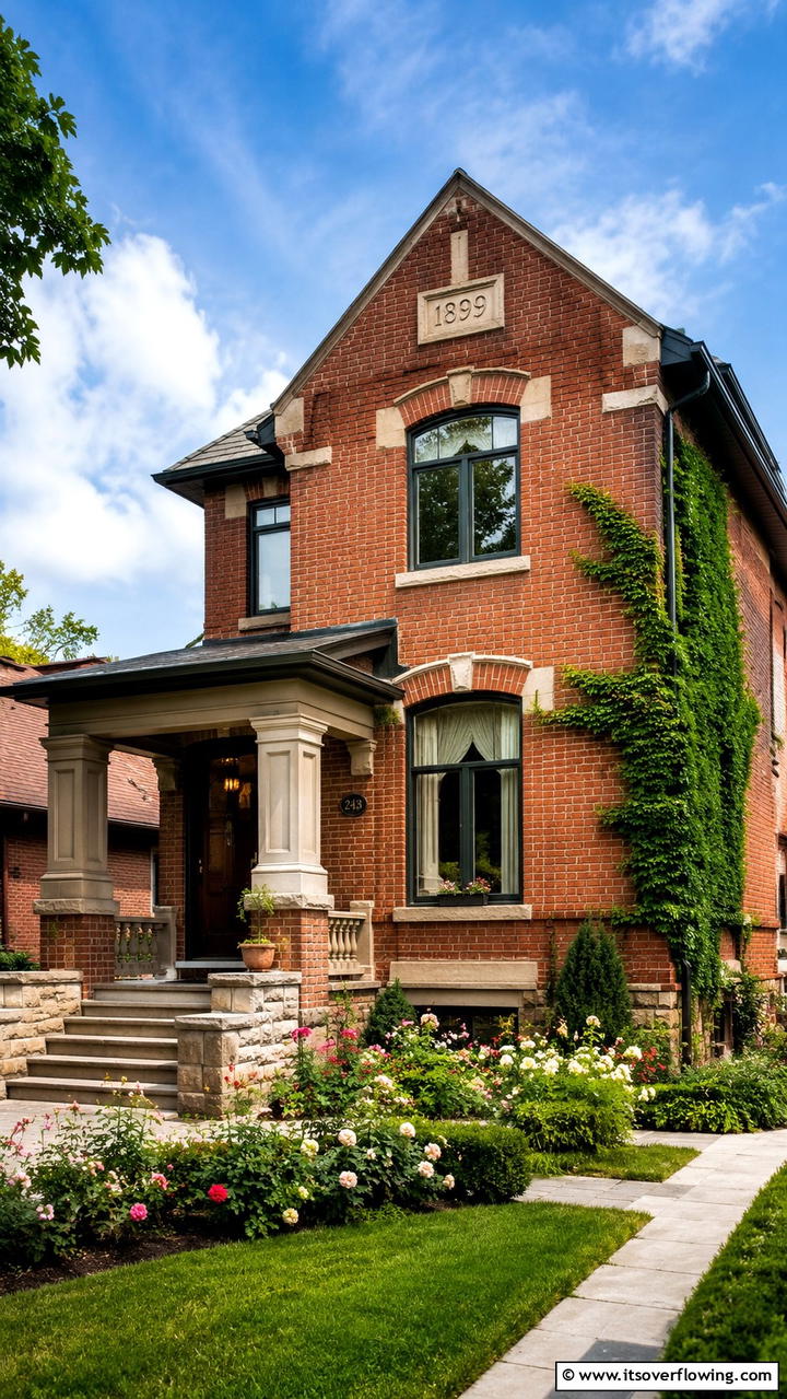 Vintage Brick Home with Restored Stone Accents - 30 Brick Houses With Stone Accents- Exterior Design Inspiration