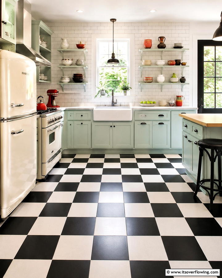 Vintage Charm Checkered Kitchen - 30 Kitchens with Checkered Floors- Retro-Inspired Designs