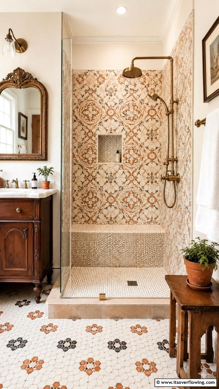 Vintage Charm Walk In Shower with Tile Bench - 21 Walk-In Shower Ideas With Bench for Spa-Like Comfort