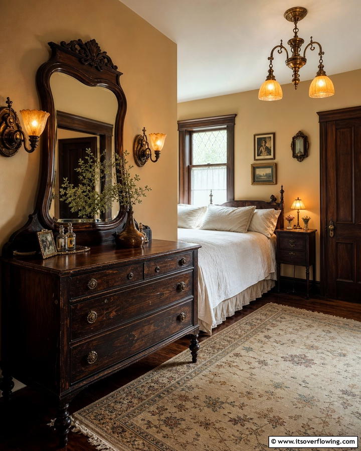 Vintage Charm with Antique Finishes - 25 Tan Bedroom Ideas for a Warm and Cozy Space