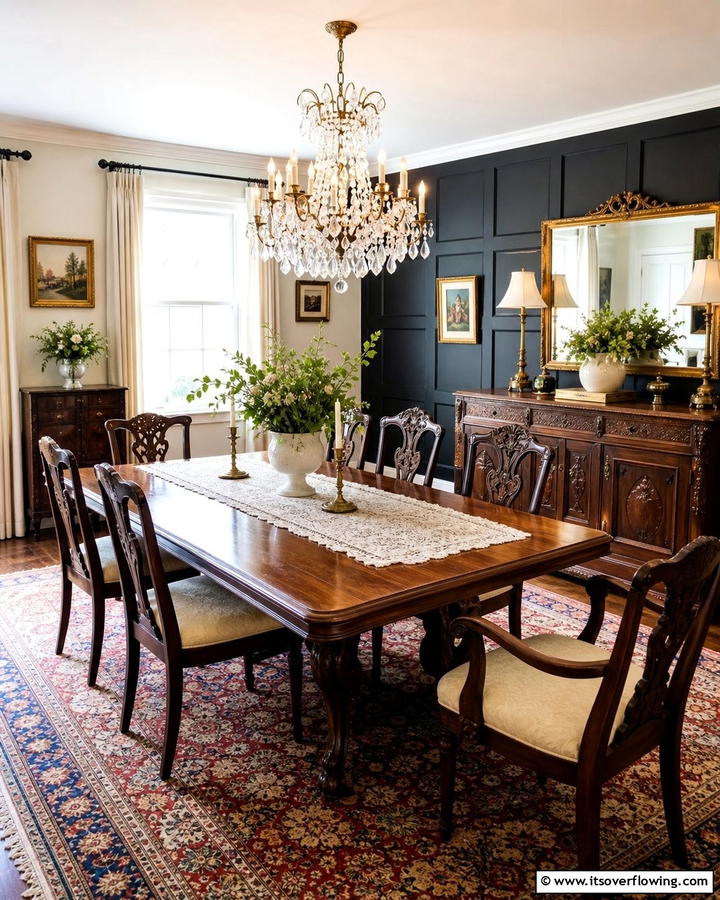 Vintage Charm with Antique Pieces - 20 Black Accent Wall Dining Room Ideas for a Bold Look