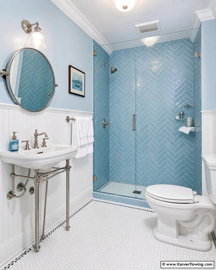 Vintage Charm with Powder Blue Subway Tiles - 25 Stunning Blue Tile Bathroom Ideas for a Fresh Look