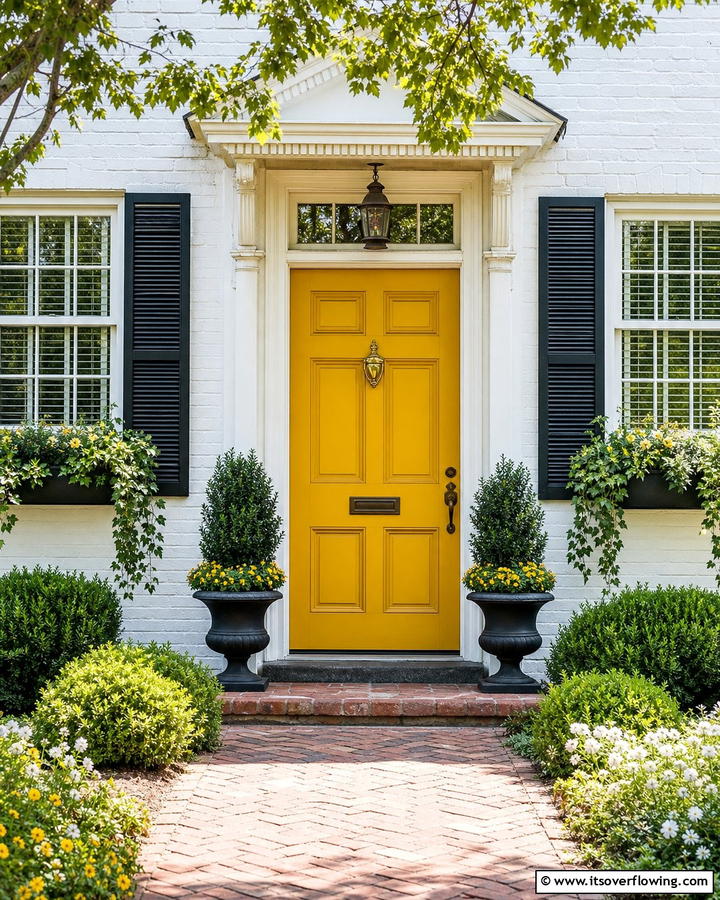 Vintage Charm with White Brick - 20 Mustard Yellow Front Door Ideas for a Bold Entrance