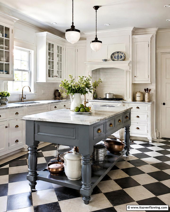 Vintage Charm with White Cabinets and a Grey Island - 25 White Kitchen Cabinets with Grey Island Ideas