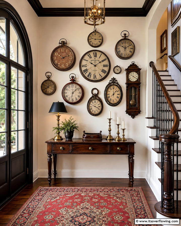 Vintage Clocks Display - 30 Entryway Wall Ideas for First Impressions and Functional Storage