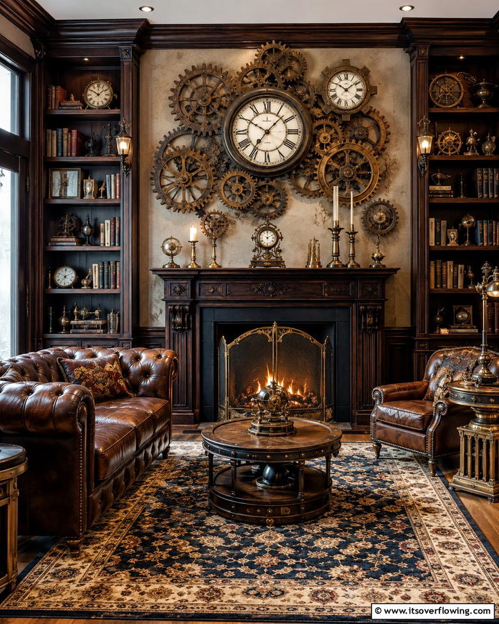 Vintage Clocks and Gears - 20 Steampunk Living Room Ideas for Unique Decor