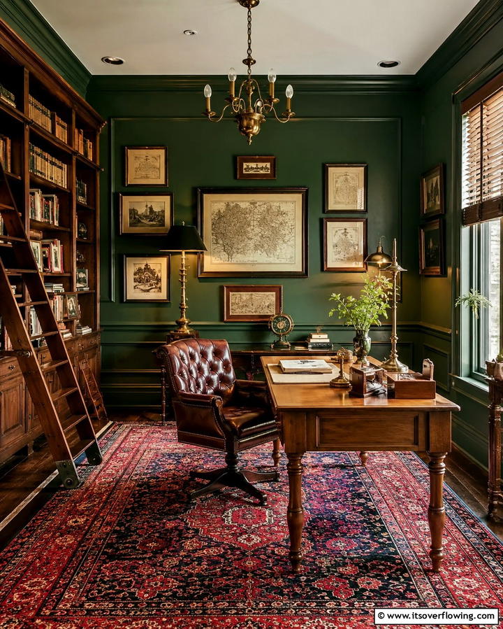 Vintage Dark Green Charm - 30 Rich Dark Green Home Office Designs for a Focused Workspace