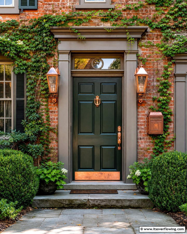 Vintage Dark Green Door with Copper Accents - 20 Stunning Dark Green Front Door Ideas for Curb Appeal