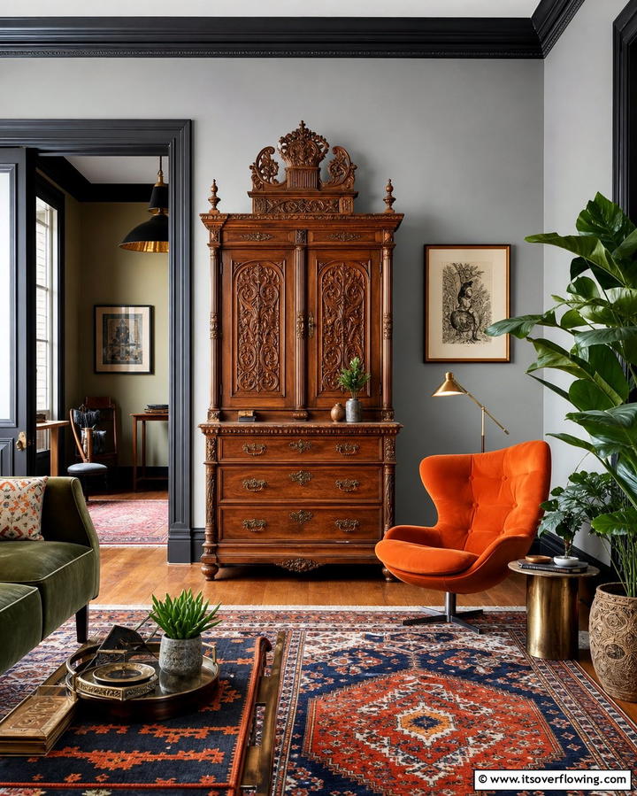 Vintage Eclecticism - 25 Living Room With Grey Walls and Black Trim Ideas