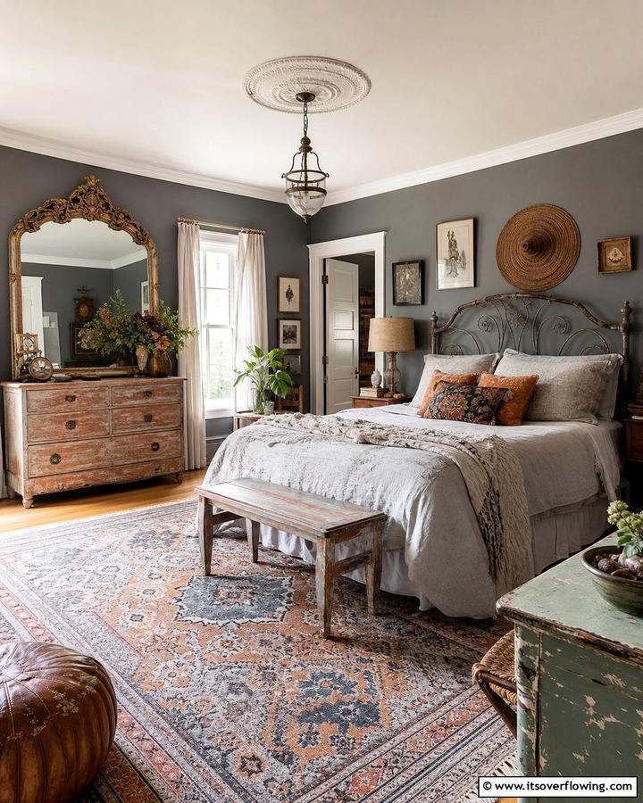 Vintage Finds for Unique Charm - 20 Grey Boho Bedroom Ideas for a Cozy Vibe