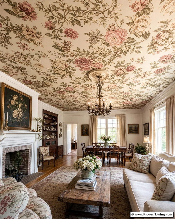 Vintage Floral Patterns - 25 Ceiling Wallpaper Ideas to Elevate Your Space