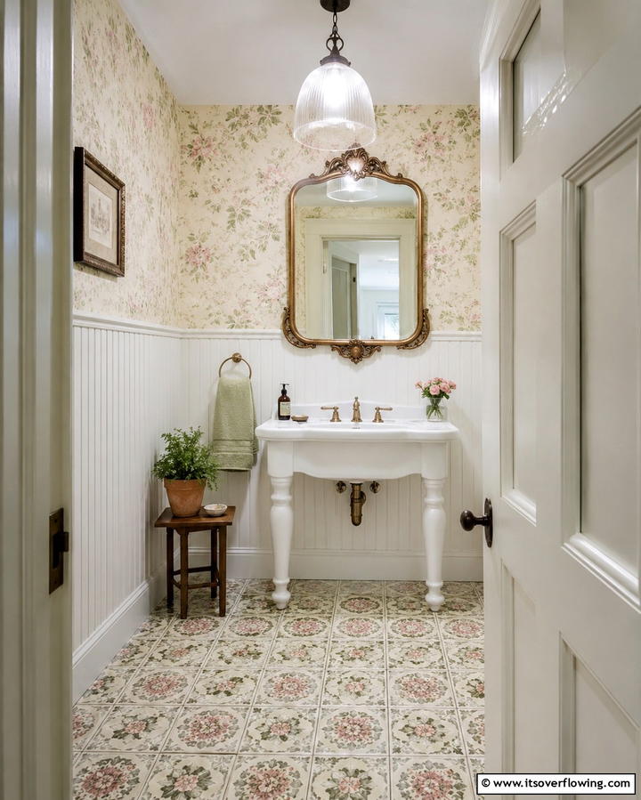 Vintage Floral Patterns - 30 Powder Room Floor Tile Ideas for Elegant Small Spaces