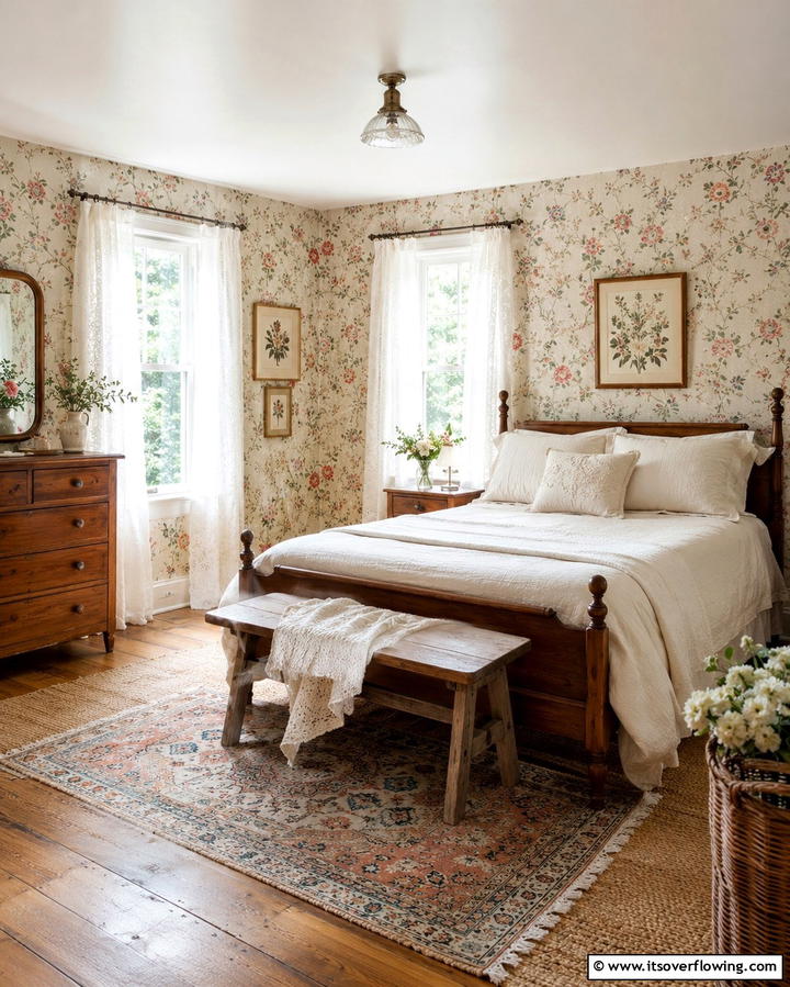 Vintage Floral Wallpaper - 25 Cottagecore Bedroom Ideas- Cozy & Rustic Designs