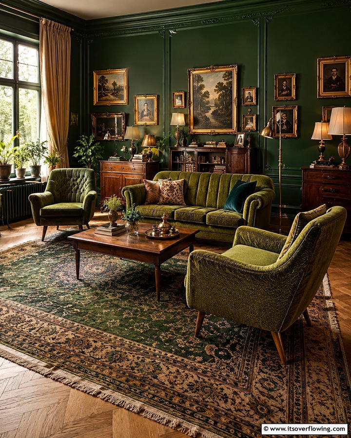 Vintage Forest Vibes - 30 Forest Green Living Room Ideas for Nature-Inspired Interiors