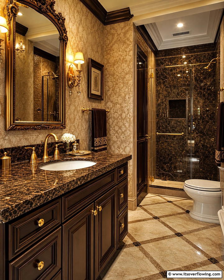 Vintage Glam with Brown Granite and Brass Fixtures - 20 Elegant Brown Granite Bathroom Ideas for a Luxurious Look