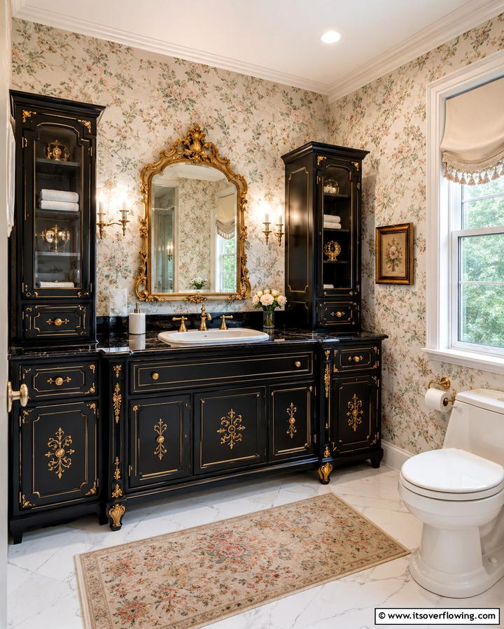 Vintage Glamour - 30 Black Cabinet Bathroom Ideas for Dramatic Modern Spaces