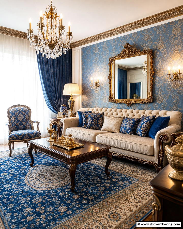 Vintage Glamour with Blue and Beige - 20 Blue and Beige Living Room Ideas- Serene Spaces