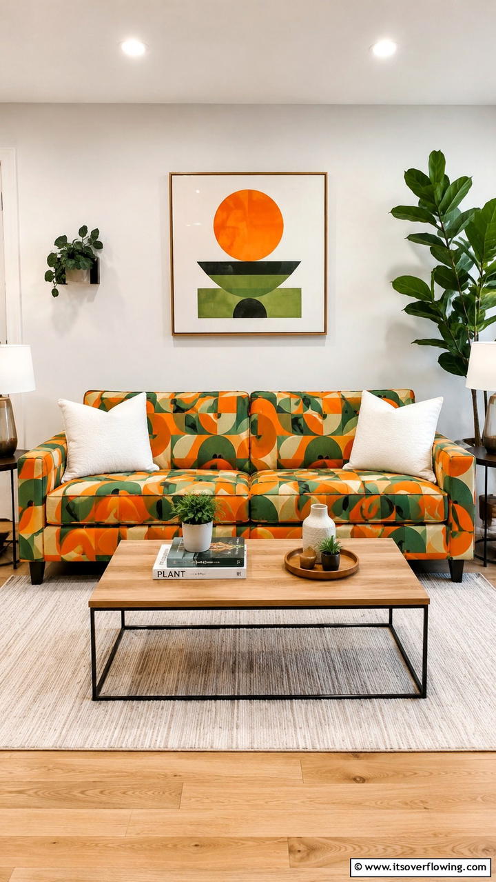 Vintage Green Leather Sofa with Orange Throw Pillows - 30 Green and Orange Living Room Ideas for Bold Style