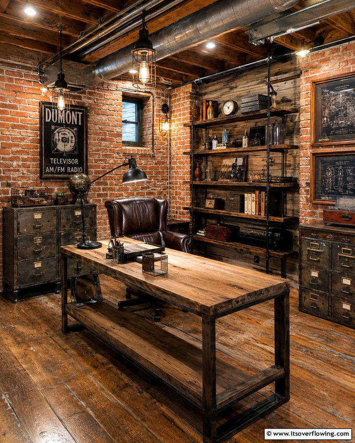 Vintage Industrial Basement Office - 30 Basement Office Ideas for Productive Below-Ground Workspaces