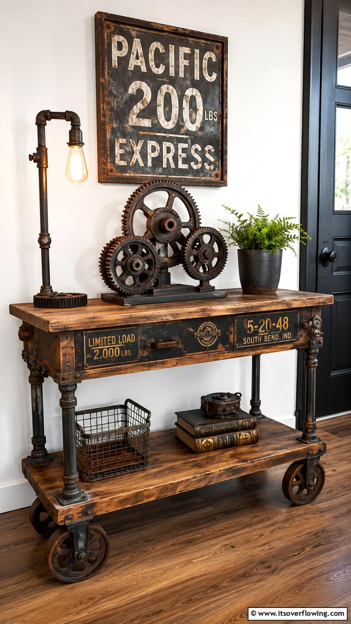 Vintage Industrial Blend - 30 Console Table Decor Ideas- Elevate Entryways and Halls