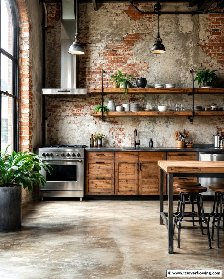 Vintage Industrial Charm - 30 Kitchen Wallpaper Ideas- Bold Backsplashes & Accent Walls