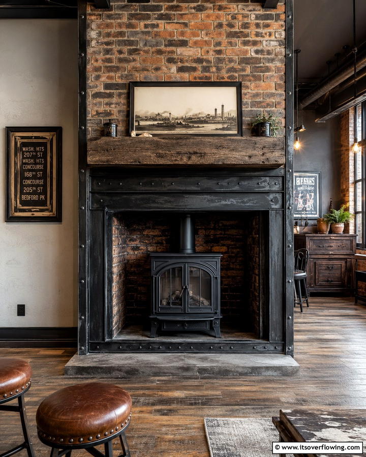 Vintage Industrial Fusion - 30 Bold Black Fireplace Ideas to Elevate Your Living Room
