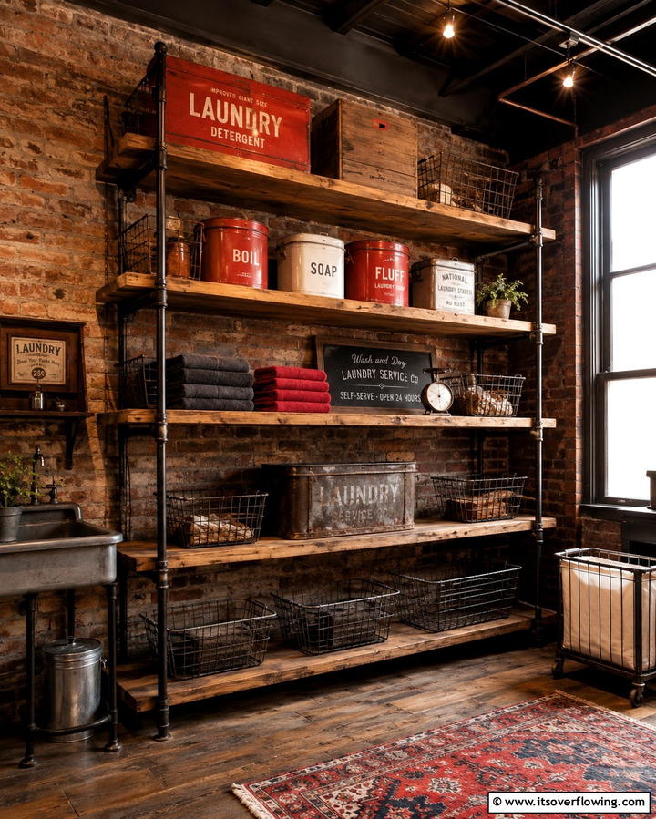 Vintage Industrial Laundry Shelving - 30 Laundry Room Shelf Ideas- Maximize Storage & Efficiency