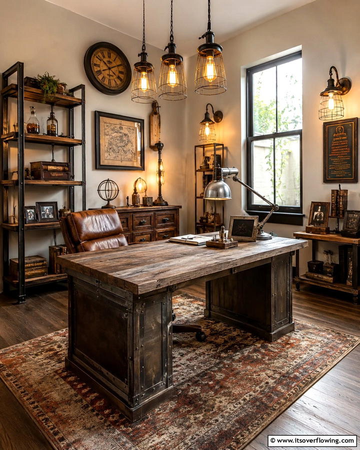 Vintage Industrial Lighting - 30 Rustic Home Office Ideas for a Cozy Workspace
