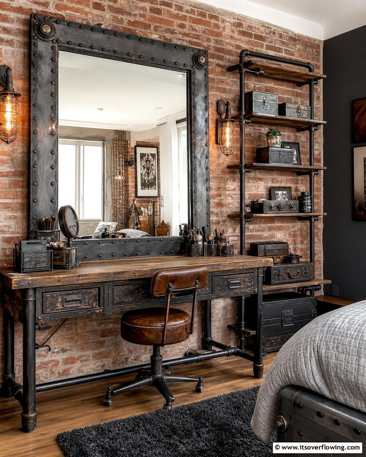 Vintage Industrial Mirror Vanity - 30 Stylish Makeup Vanity Ideas for a Functional Beauty Space