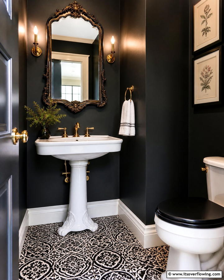 Vintage Inspired Fixtures - 25 Elegant Black Powder Room Ideas for a Bold Look