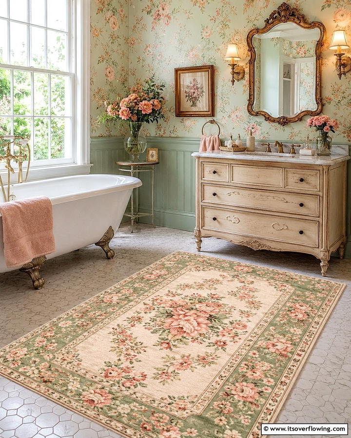 Vintage Inspired Floral Rug - 30 Bathroom Rug Ideas for Softness and Style Underfoot