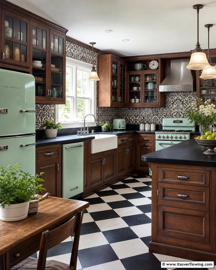 Vintage Inspired Kitchen with Classic Details - 20 Kitchen Ideas with Brown Cabinets and Black Countertops