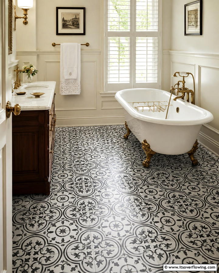 Vintage Inspired Patterns - 30 Striking Black & White Bathroom Tile Designs for Timeless Style