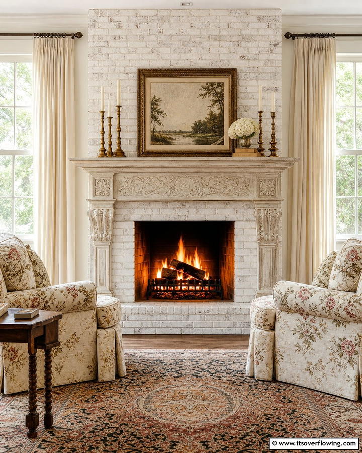 Vintage Inspired White Brick Fireplace - 30 White Brick Fireplace Ideas for Timeless Living Rooms