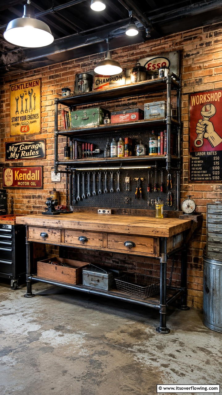 Vintage Inspired Workbench with Industrial Charm - 30 Garage Workbench Ideas for Organized DIY Spaces