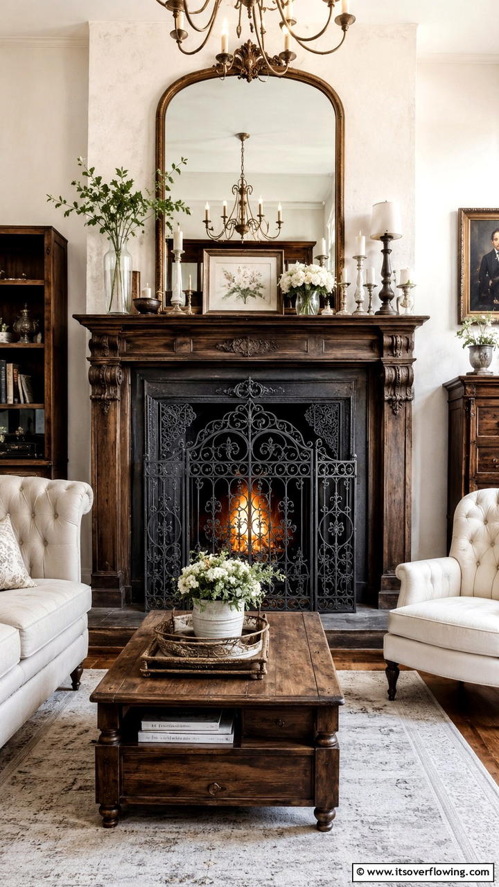 Vintage Iron Grate - 30 Farmhouse Fireplace Ideas for Cozy Living Spaces