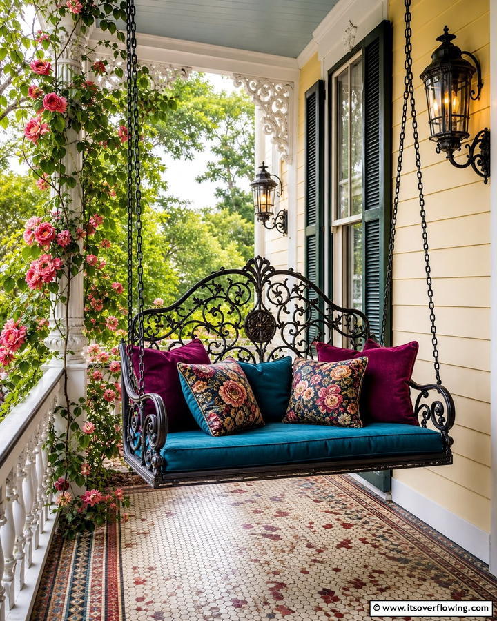 Vintage Iron Swing with Ornate Details - 20 Front Porch Swing Ideas for a Cozy and Inviting Entrance