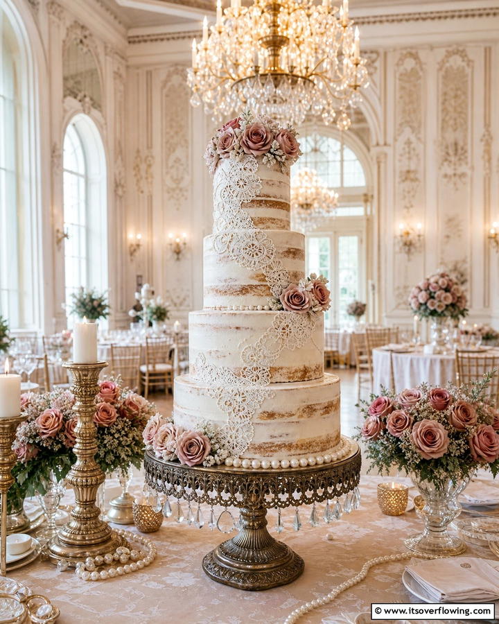 Vintage Lace Detail Cake - 21 Naked Wedding Cake Ideas for Minimalist Elegance