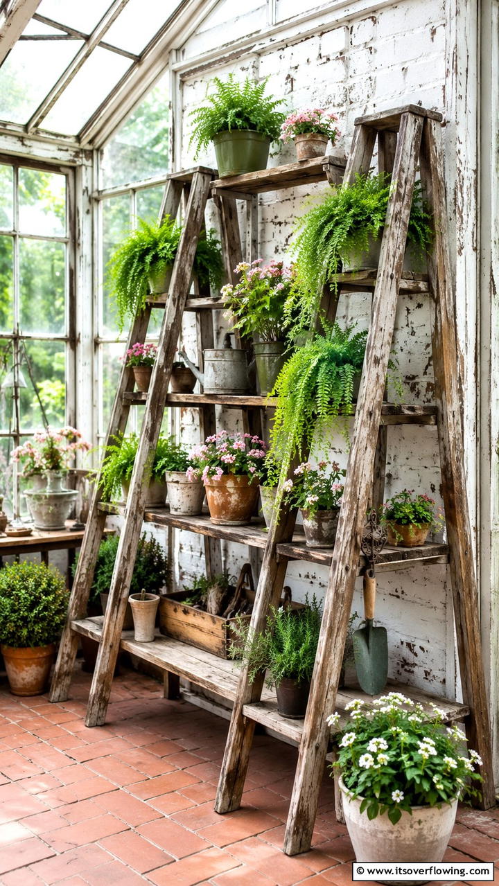 Vintage Ladder Inspired Shelving - 30 Greenhouse Shelving Ideas- Organized Plant Storage
