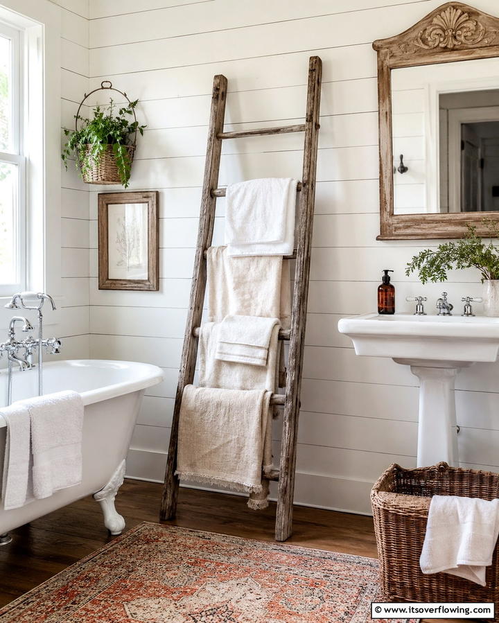 Vintage Ladder for Towel Storage - 30 Towel Storage Ideas for Organized and Stylish Bathrooms
