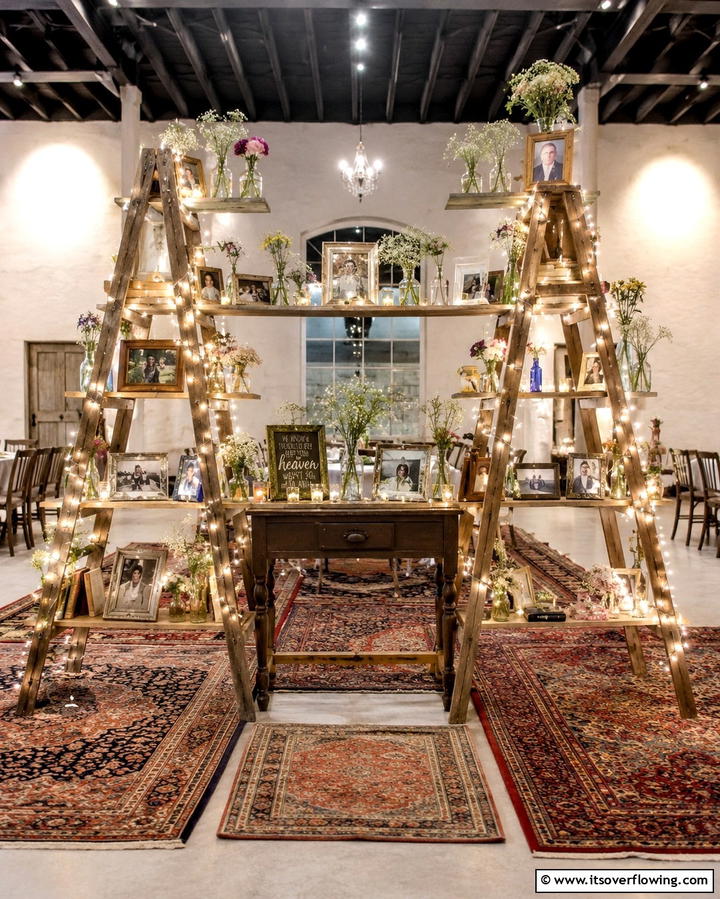 Vintage Ladder with String Lights - 30 Beautiful Wedding Backdrop Design Inspirations