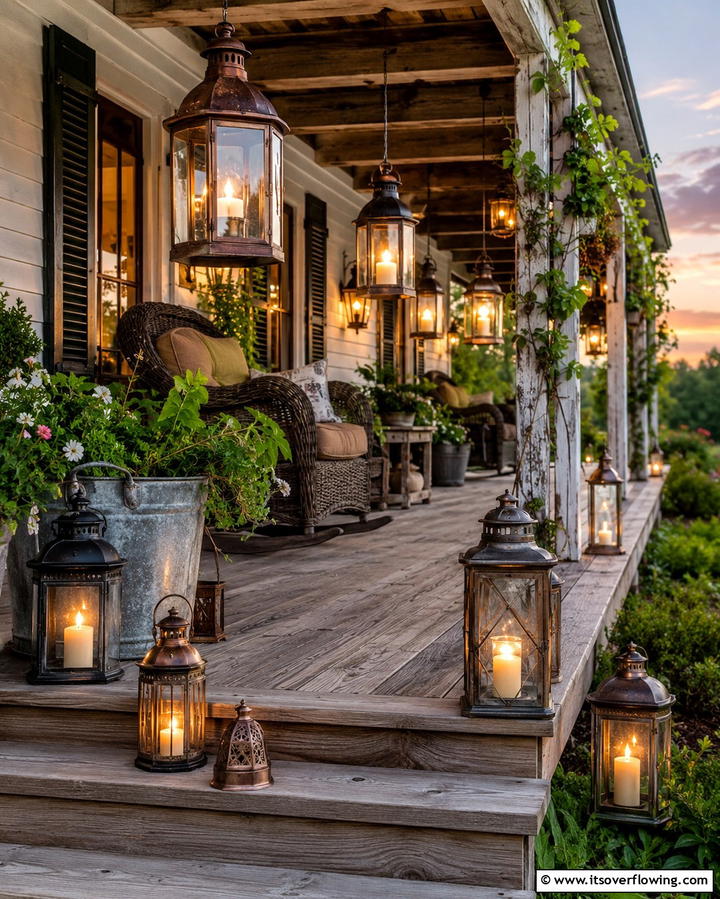 Vintage Lantern Lighting Display - 30 Rustic Front Porch Ideas for a Welcoming Entryway